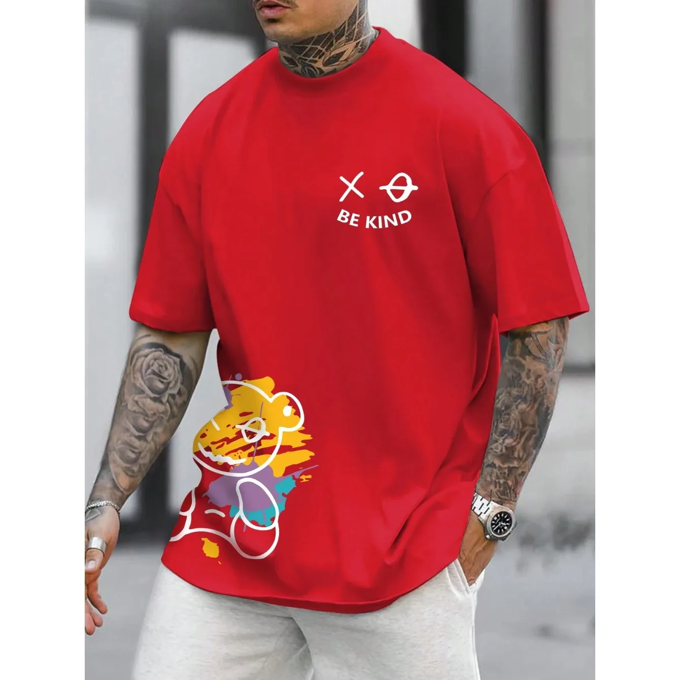 Men's 100% Polyester  Summer Loose Size BE KIND Letter Cartoon Print Casual Comfortable O Neck Short Sleeved T-shirt Top