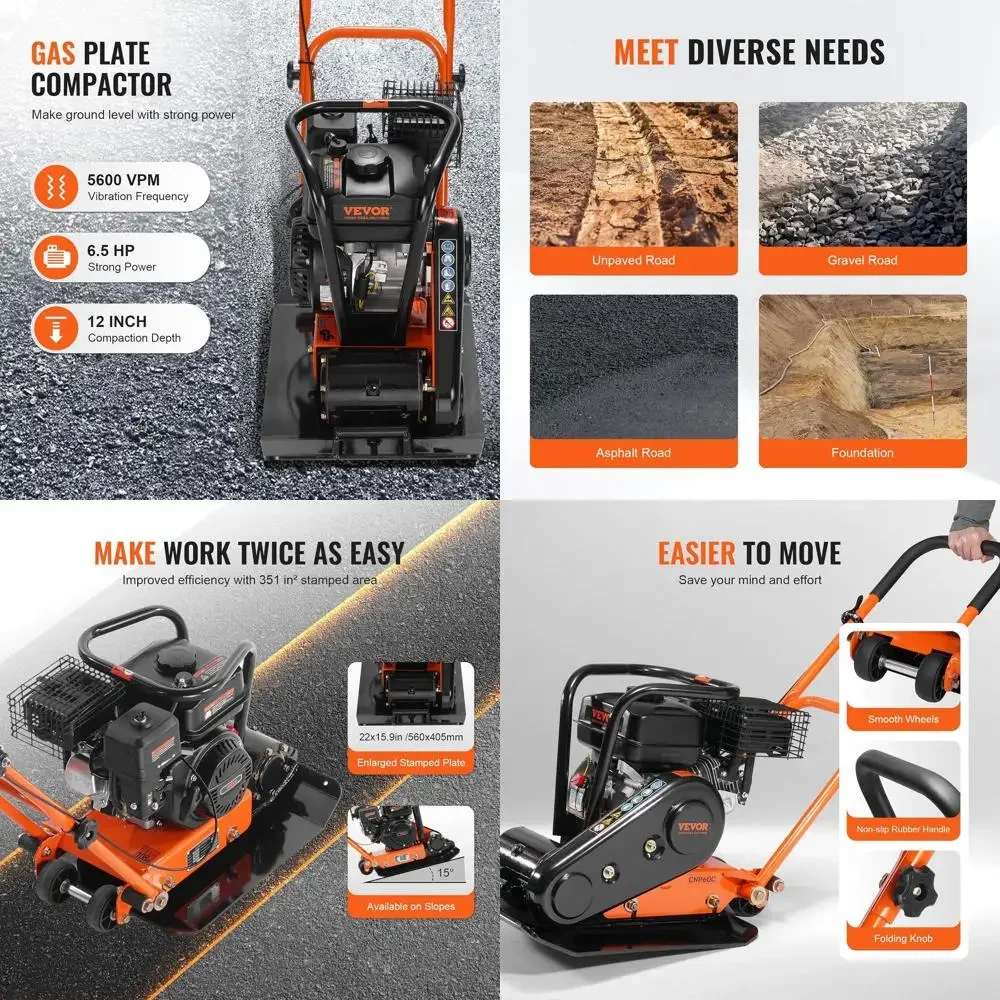 

Виброплита бензиновая 6.5 л.с., двигатель 196 куб. см, вибрационный уплотнитель 2360 фунтов, мощный вибротрамбовщик 22.1x15.9 дюймов для дорожных покрытий, асфальта и пешеходных дорожек