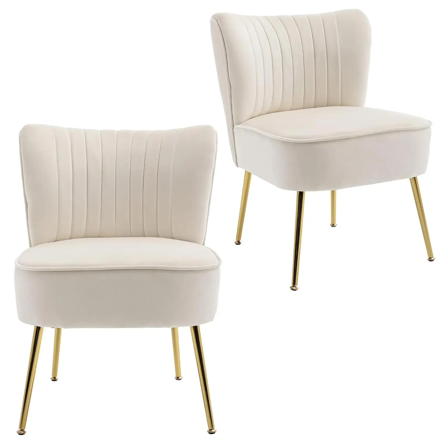 Velvet Accent Chair Set of 2, Bedroom & Living Room Side Chair with Golden Legs, Mid Century Armless Wingback, Beige, Customized