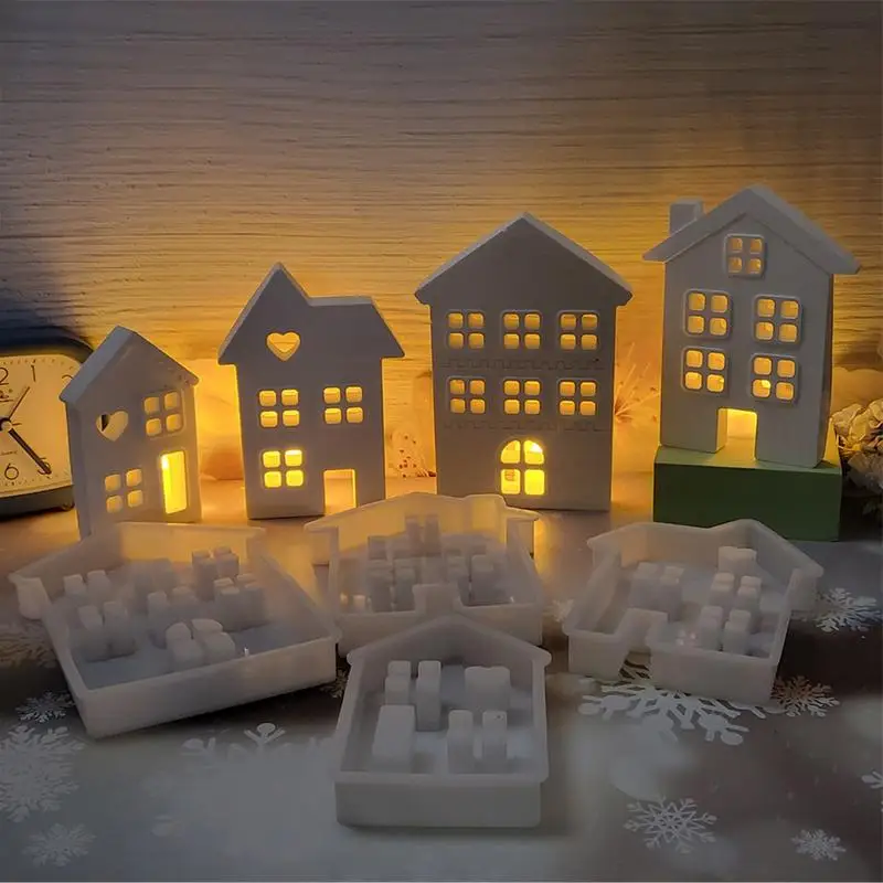 4PCS Christmas House Candle Mold Plaster Cement Craft Silicone Molds Set High-Rise House Ornament Making Mold For Kids Room