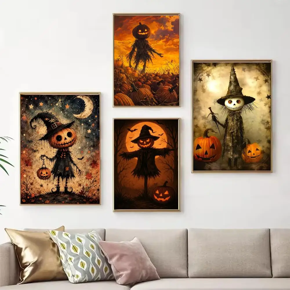 Retro Festival Halloween Scarecrow Poster Chic Art Poster Self-Adhesive No Glue Residue for Bedroom Hallway