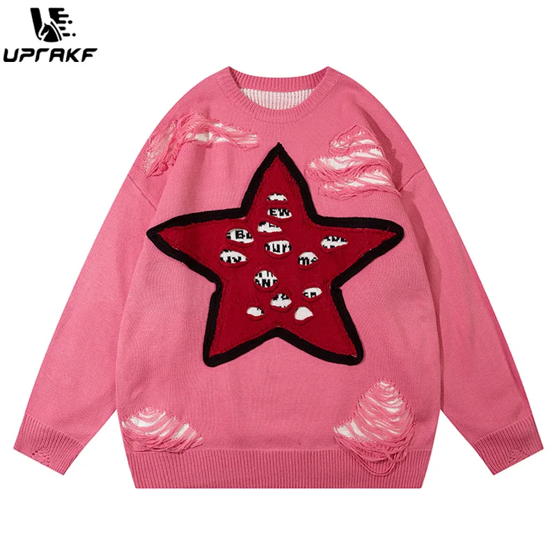 

UPRAKF Ripped Star Sweater Autumn Loose Knitted Jumper Winter Fashion Streetwear Trendy Pullover Warm Casual