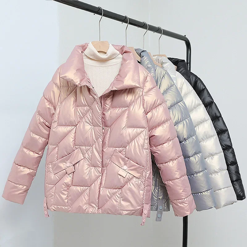 

Women Jacket 2023 New Winter Parkas Female Glossy Down Cotton Jackets Stand Collar Casual Warm Parka Short Coat Female Outwear