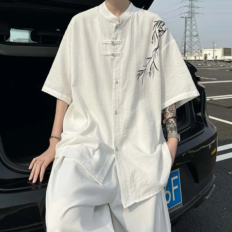 

Stand Collar Short Sleeve Linen Blend Shirt, Bamboo Embroidery Loose Blouse, Lightweight Breathable Plus Size M-8XL Vacation Top