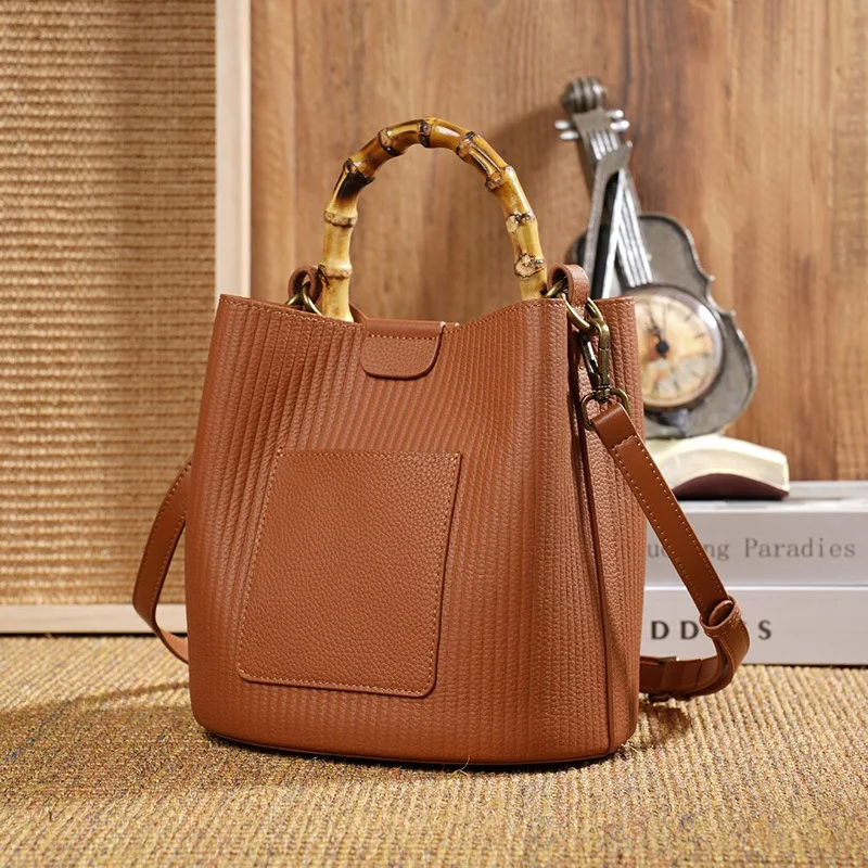 

2025 Casual Versatile Cowhide Single-shoulder Bucket Bag Fashionable and Elegant Genuine Leather Handbag Women