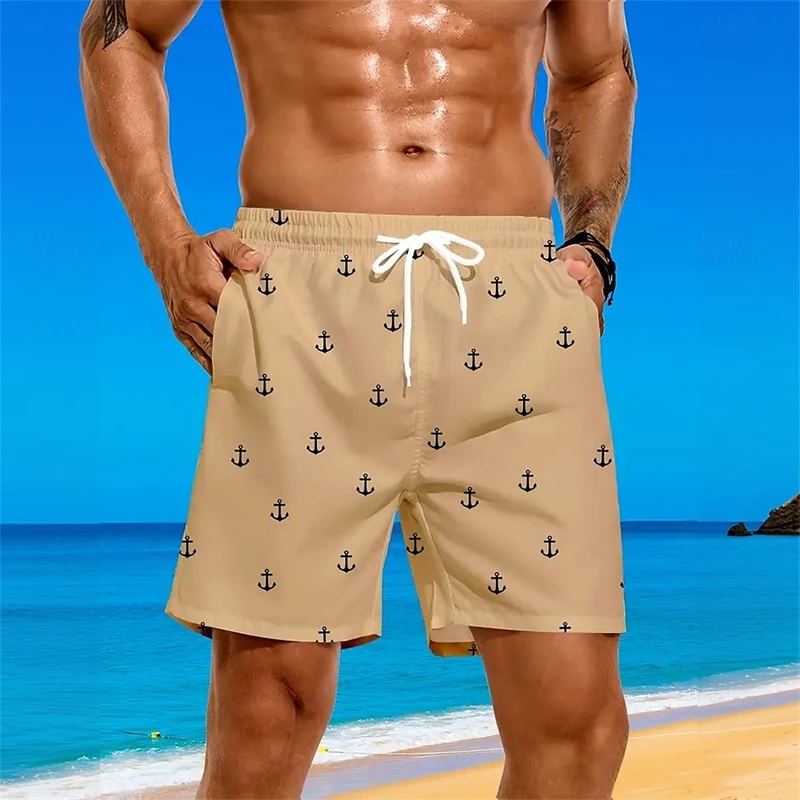 Classic Simple Anchor All Over Print Beach Shorts Beach Leisure 3D Print Breathable Solid Color Swim Trunks Summer Trend Short