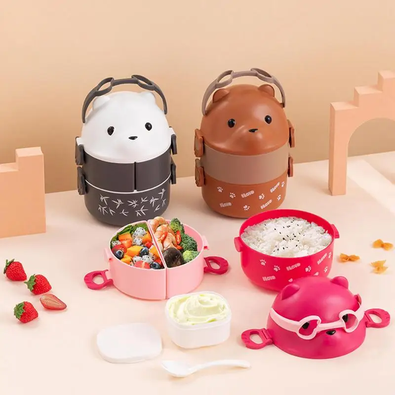 Stackable Bento Lunch Box Large Capacity Eyeglass Bear Bento Box Double Layer Portable Containers Food Vacuum Thermos Lunch Box