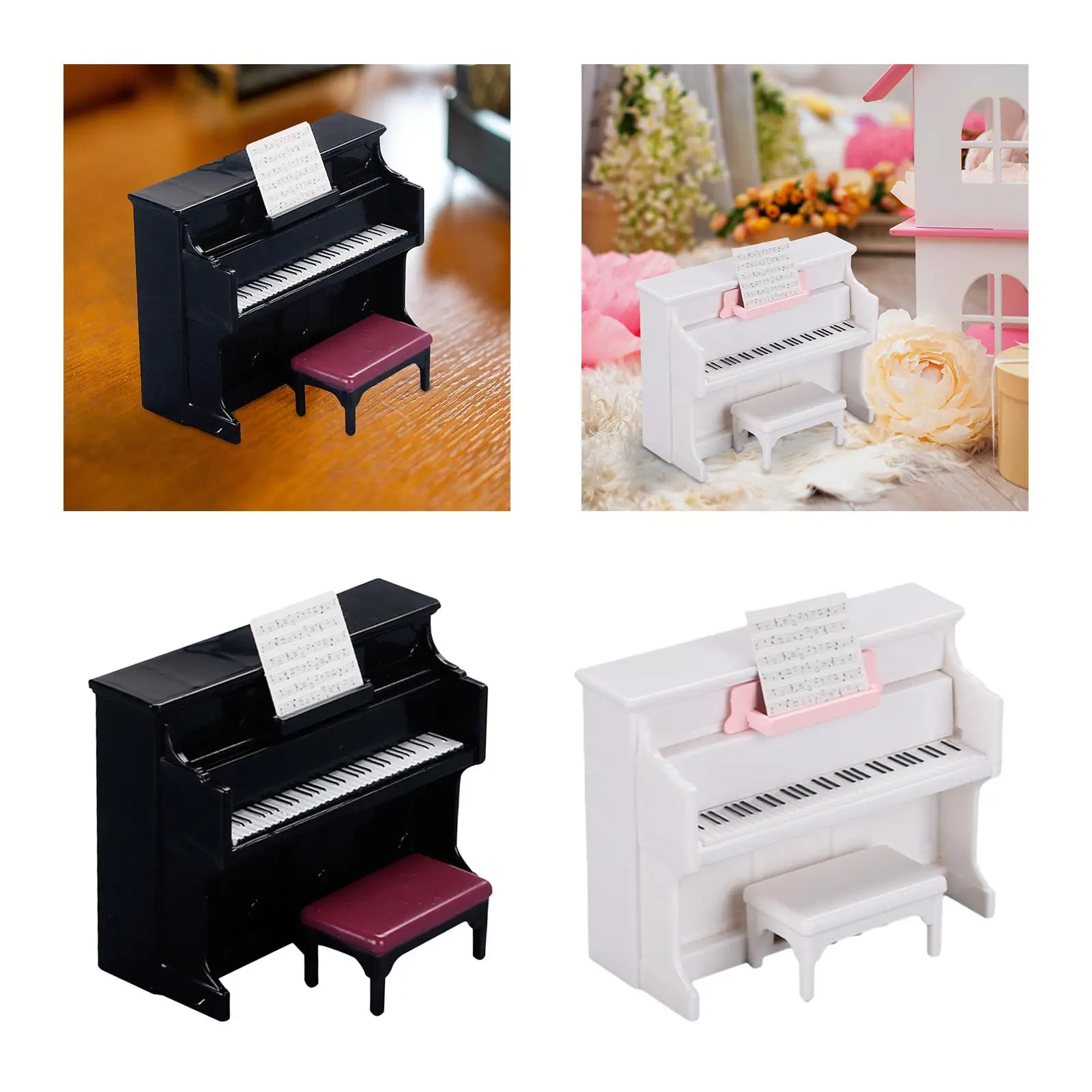Piano para casa de bonecas com banco 1/12 instrumento musical em miniatura para casa de bonecas