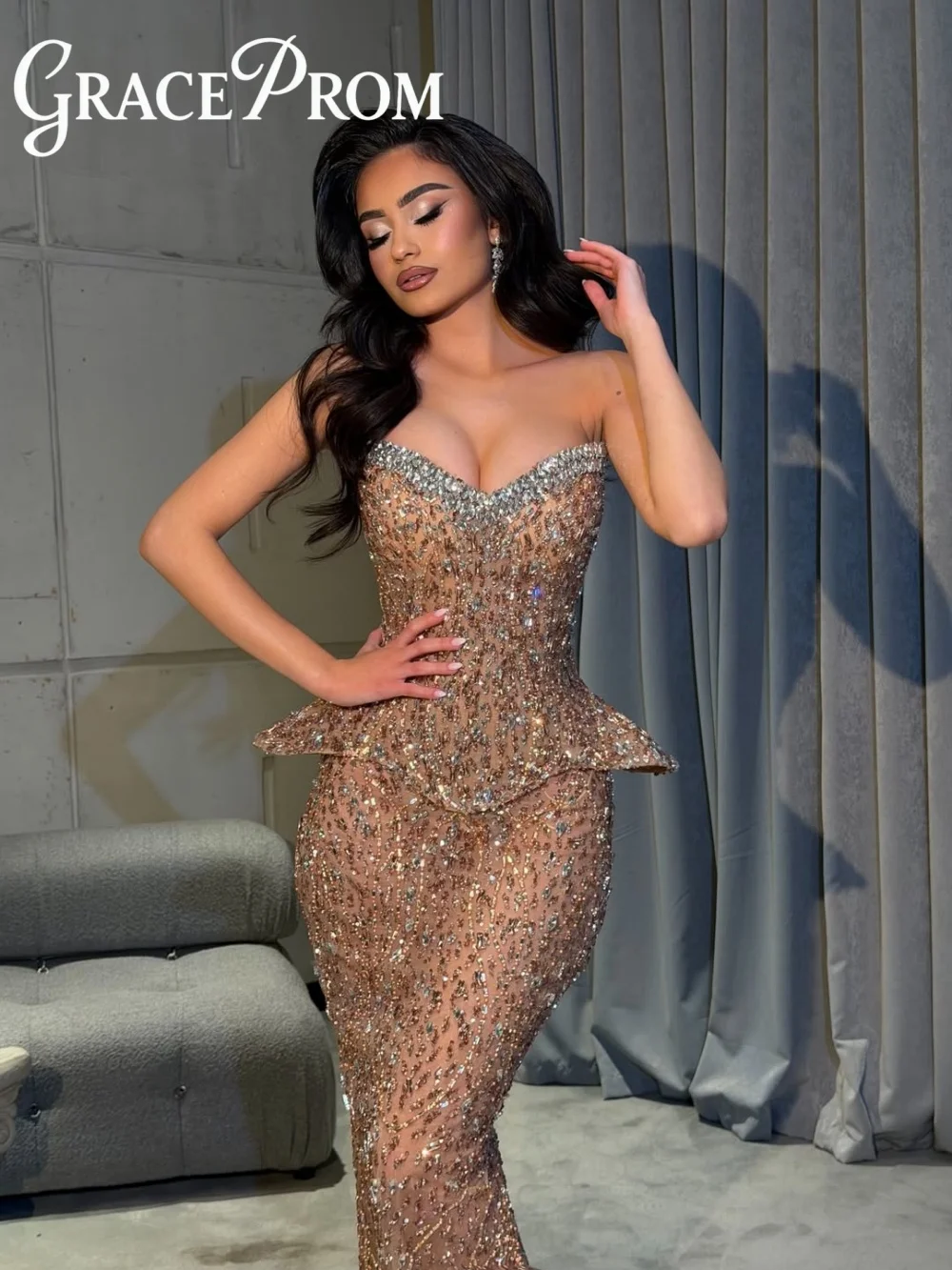 

GraceProm Sweetheart Neck Peplum Evening Dress 2026 Luxury Sheer Beaded Gown High Quality Floor-Length Prom Gown Robes De Soirée