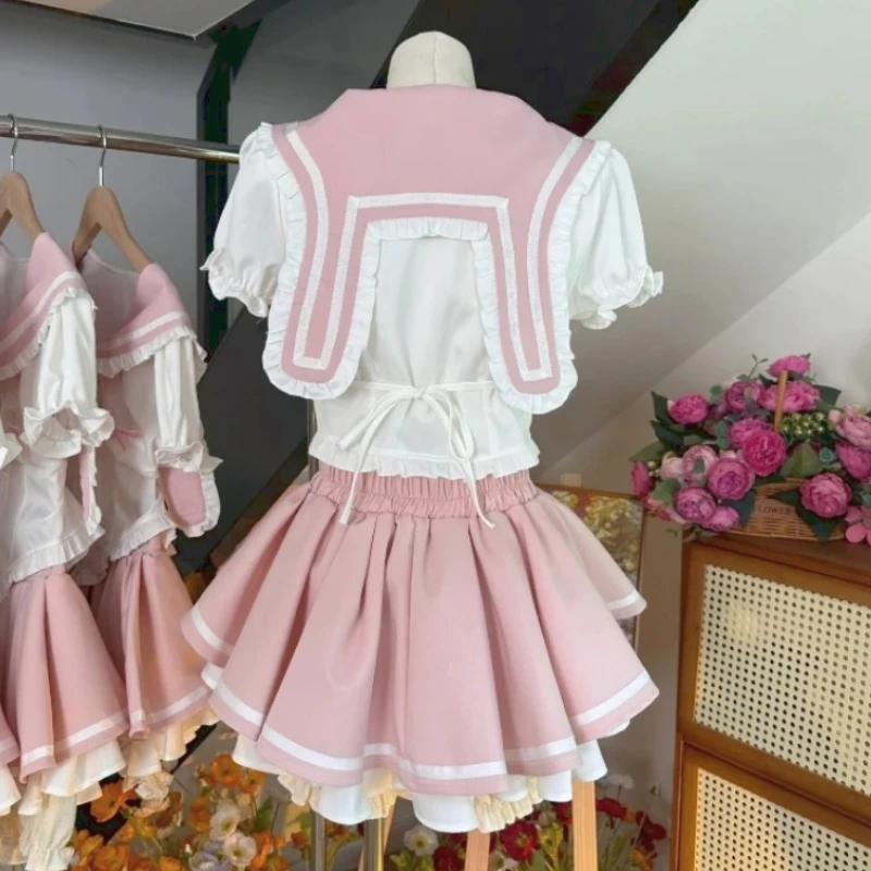 Süße Kaninchen Ohr Seemann Kragen Puff Ärmel Hemden Frauen y2k schlanke Taille geraffte rosa Röcke Sommer übergroße zweiteilige Sets