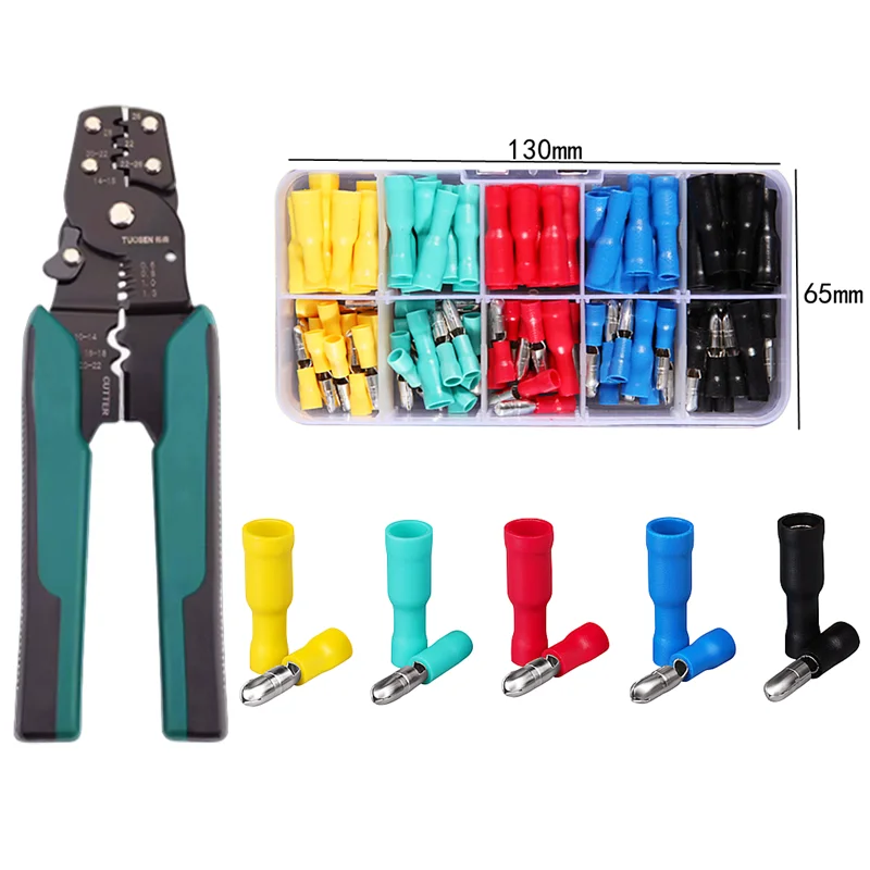 100 Pcs Box-Packed Bullet Type Insulation Crimp Terminal+4 and 1 Multifunctional Pliers,Electrical Wire Splicing Connectors