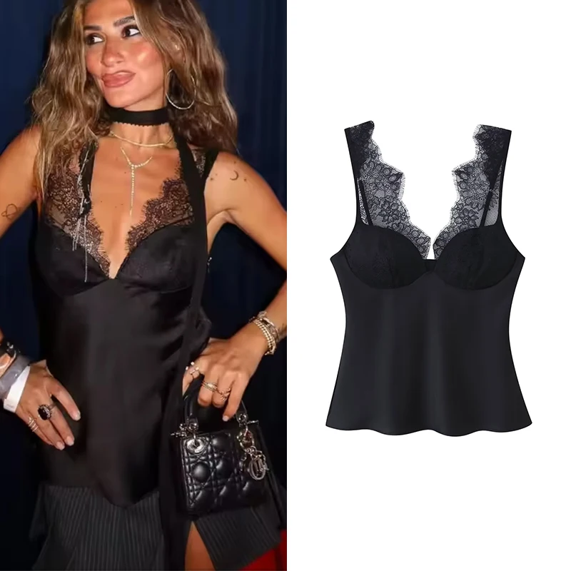 

Women Sexy Lace Short Tops Corset Top Female Black Satin Backless Tops for Women off Shoulder Camisole Night Sleeveless Tops