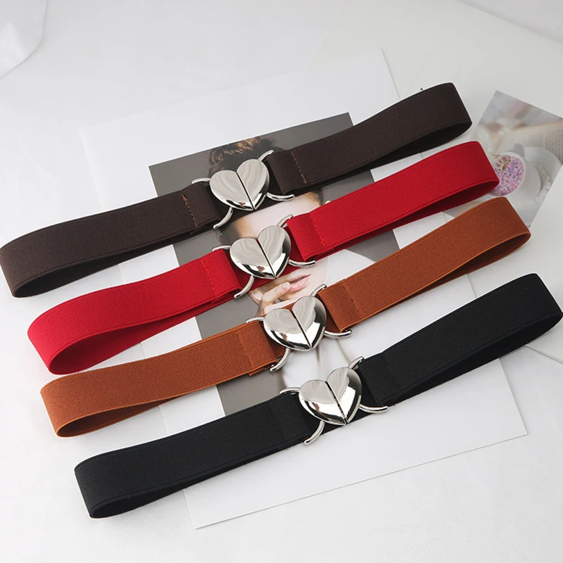 

Buckle Belt For Women Dress Waist Seal Belts Accessory Solid Color Belts Fashion Thin Elastic Stretch Waistband Love Heart Metal