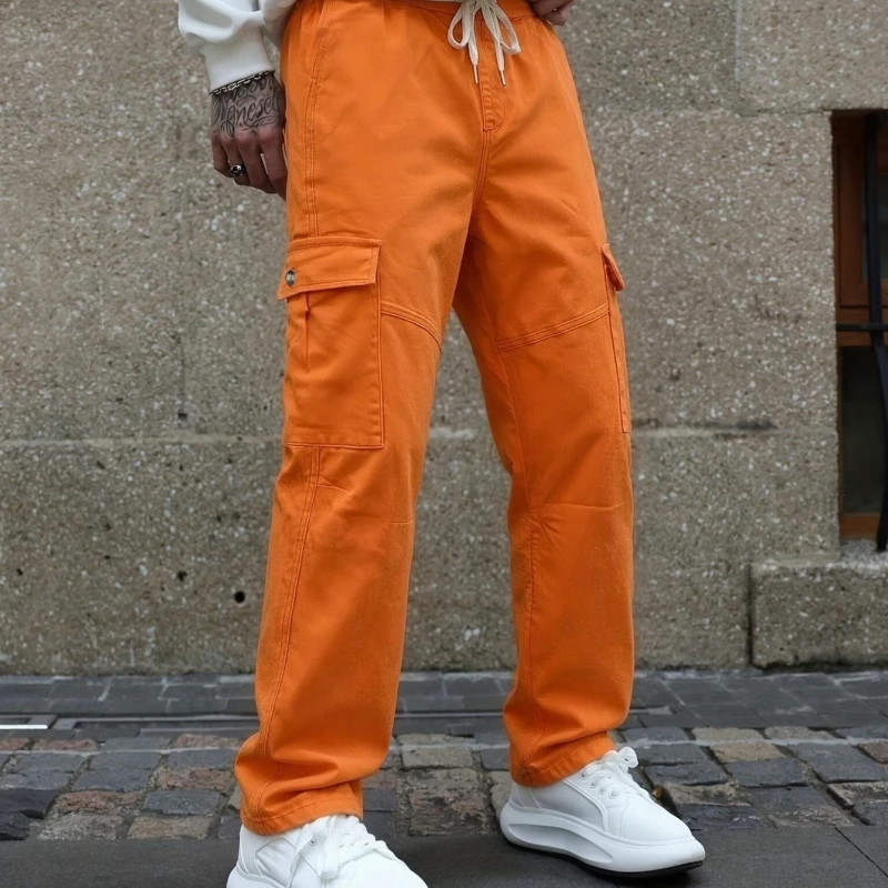 Loose version of flip pocket jeans, men's casual street style overalls, no back pocket design, suitable for all seasons