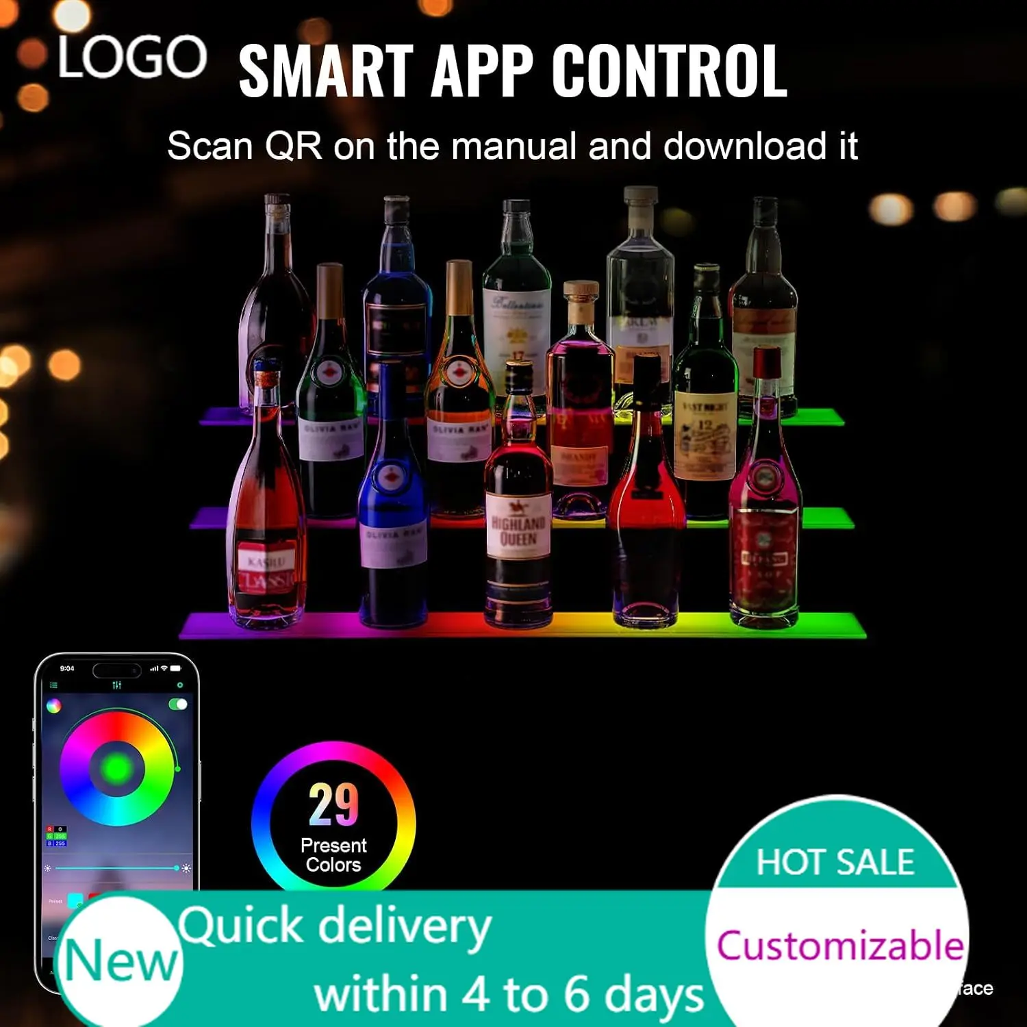 LED Lighted Liquor Bottle Display,,Illuminated Home Bar Shelf with RF Remote & App Control 7 Static Colors 1-4 H Timing
