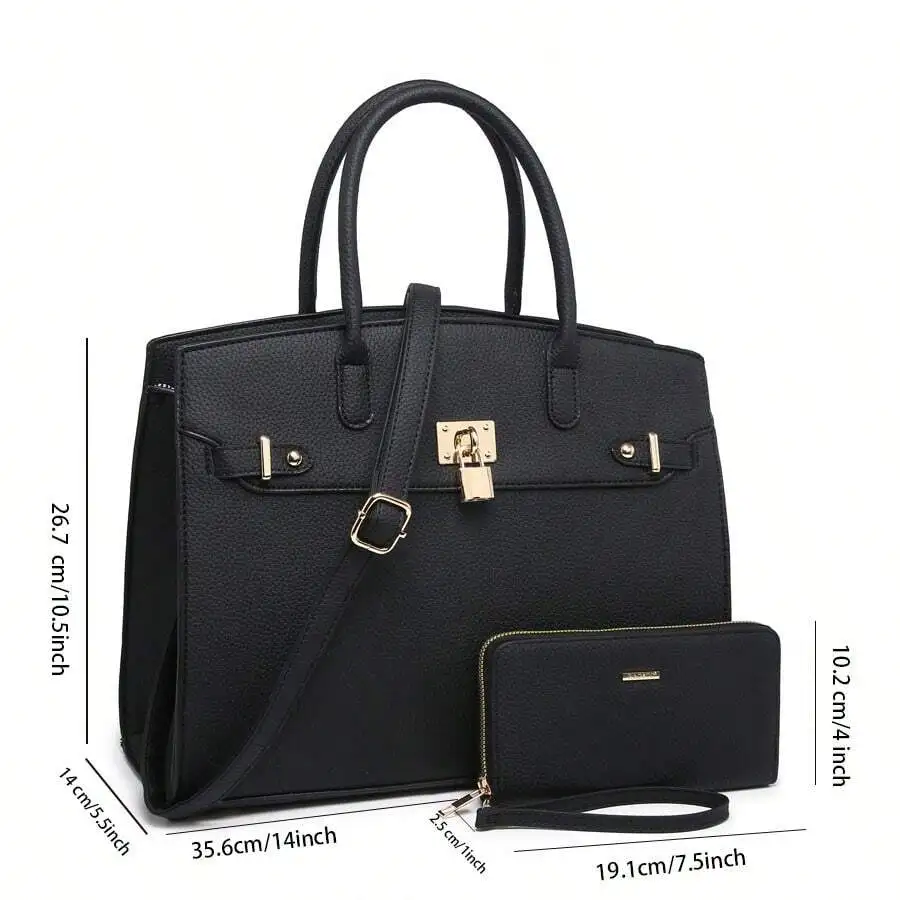 Women's Fashion Handbag And Wallet Set With Adjustable Crossbody Strap Large Shoulder Bag And Small Clutch 2-Piece Combo, Metal