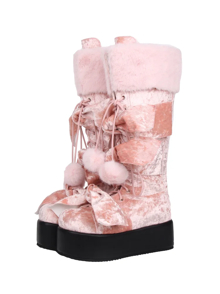 2025 New Product Punk Round Head Bow Hairball Strap Zipper Sponge Cake Tall Boots Japanese Lolita Girls' Boots