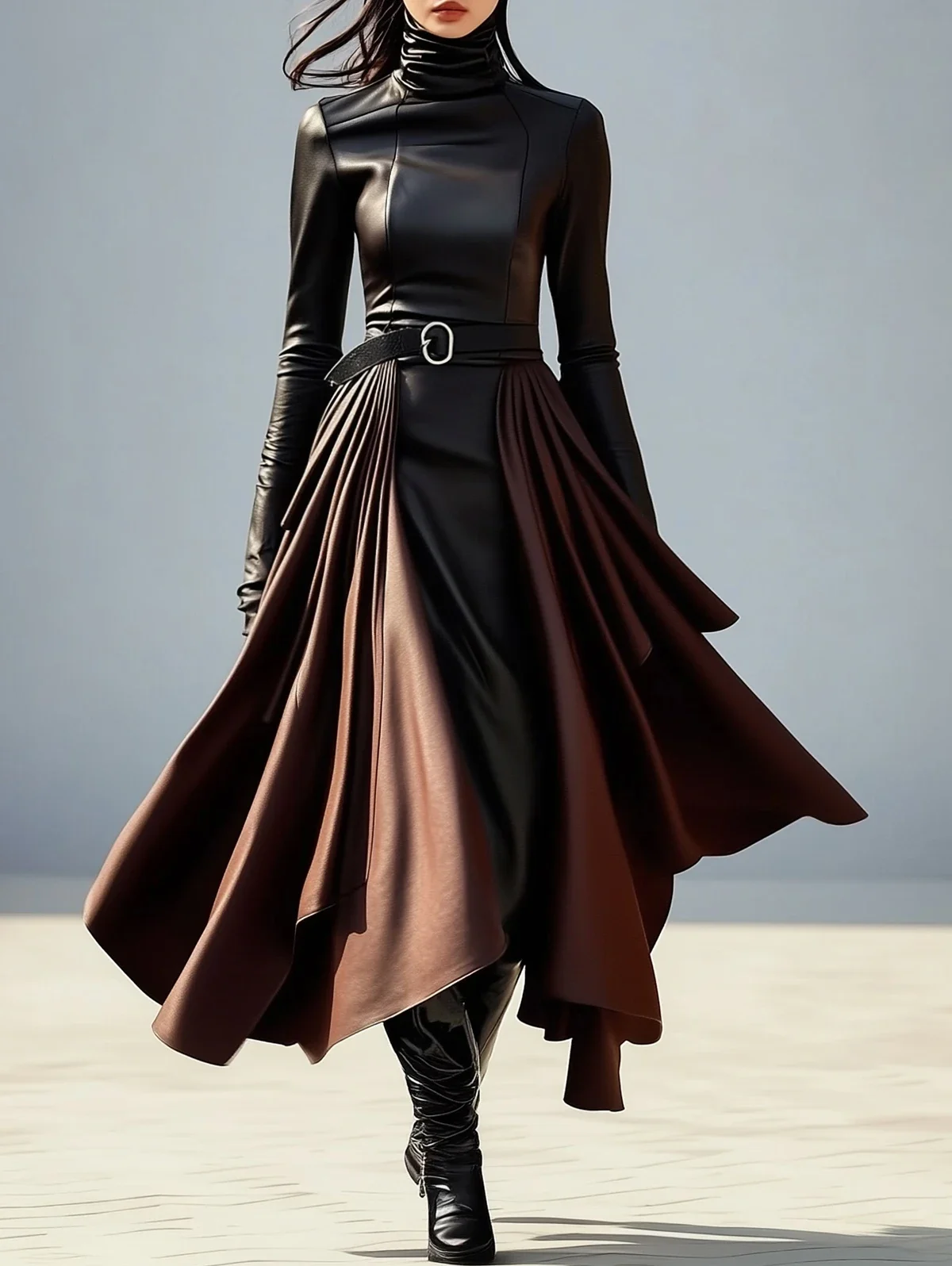 

Women Leather PU Turtleneck Pleated Dress Long Sleeve Irregular Hem High Street Vintage Casual A-Line Faux Leather Dresses 2025