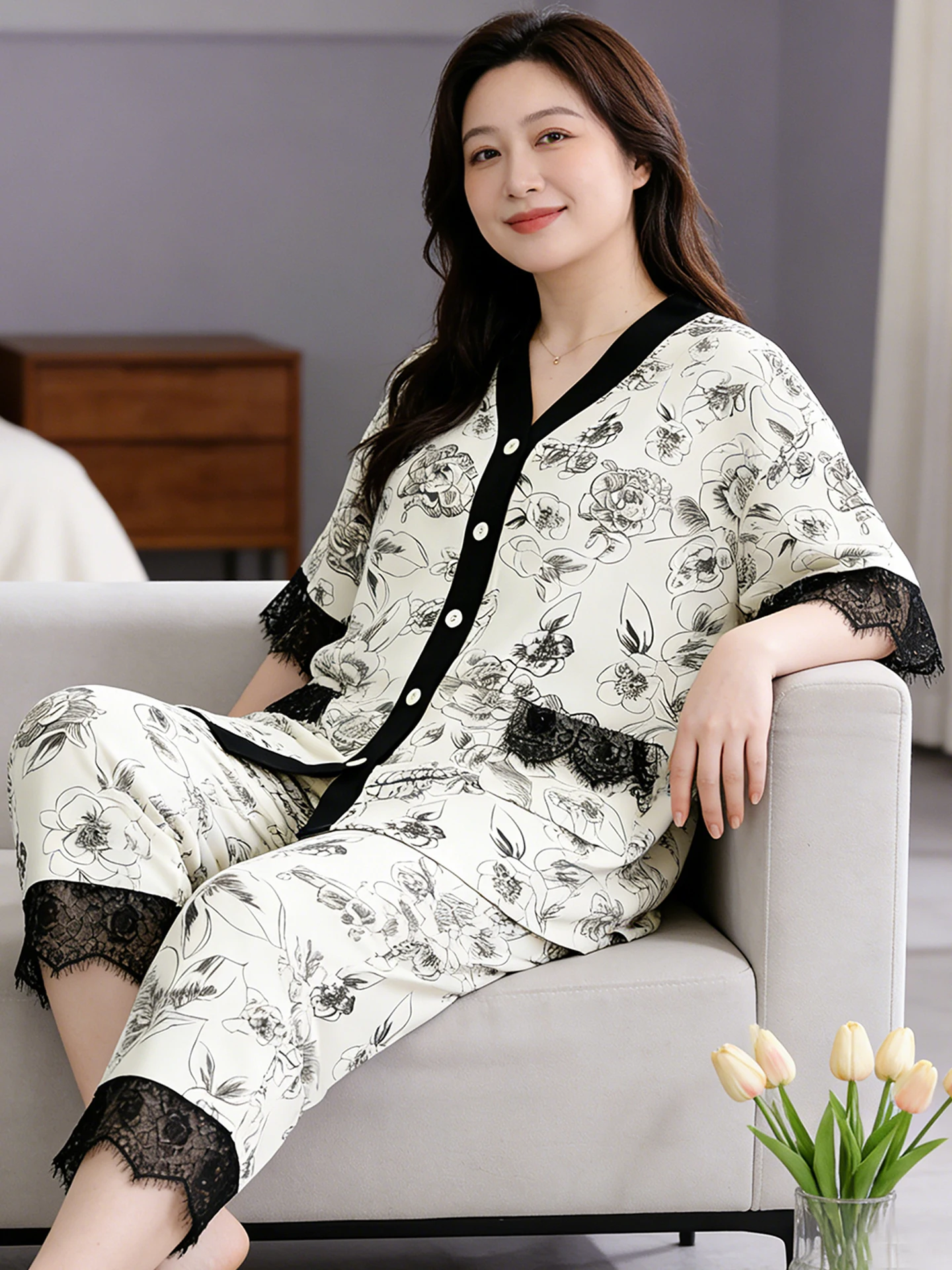 plus-size-lace-sleepwear-pure-cotton-v-neck-open-cardigan-short-sleeve-seven-piece-pants-home-clothes-women-over-200-pounds