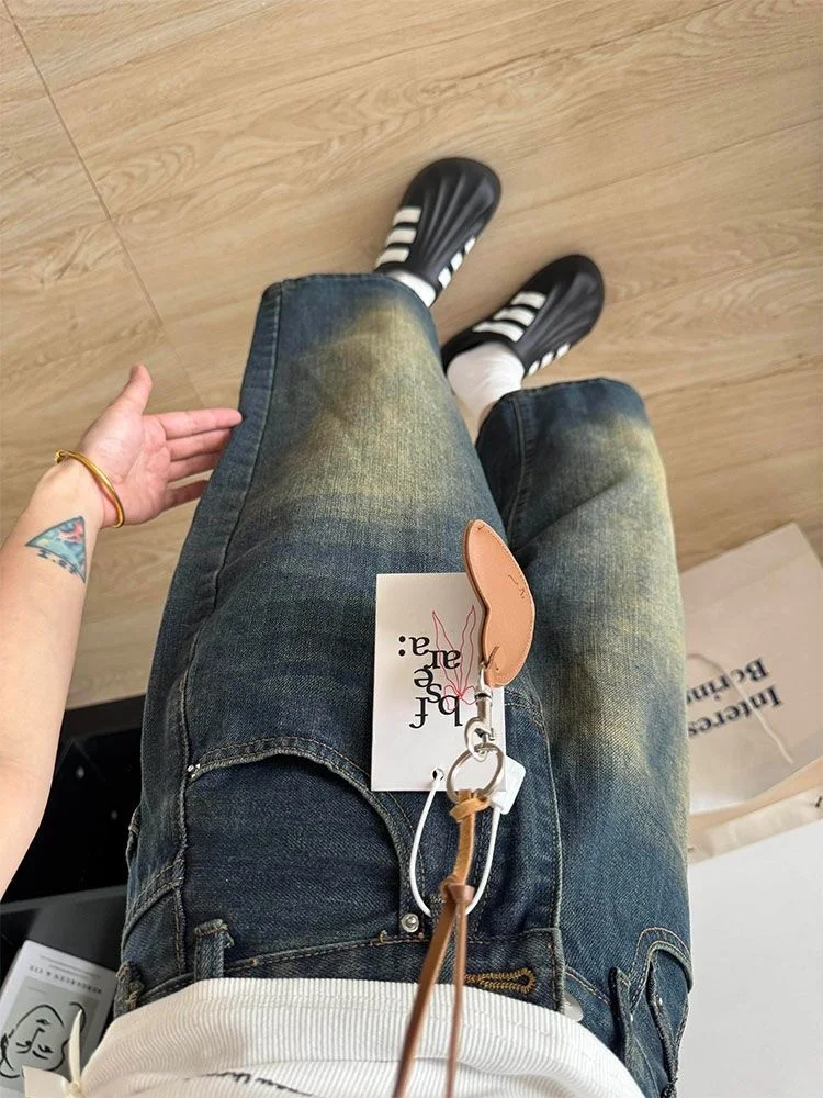 

American Style Vintage Faded Seven-Foot Women's High Waist Wide Leg Straight Cut Denim Shorts Autumn Spring Season Ladies Jeans