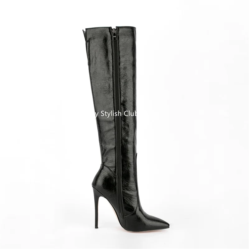 Sexy 12Cm High Heel Boots Women Fashion Back Opening Pointed Toe Black Boots Side Zipper Winter Shoes For Women Customize Boots