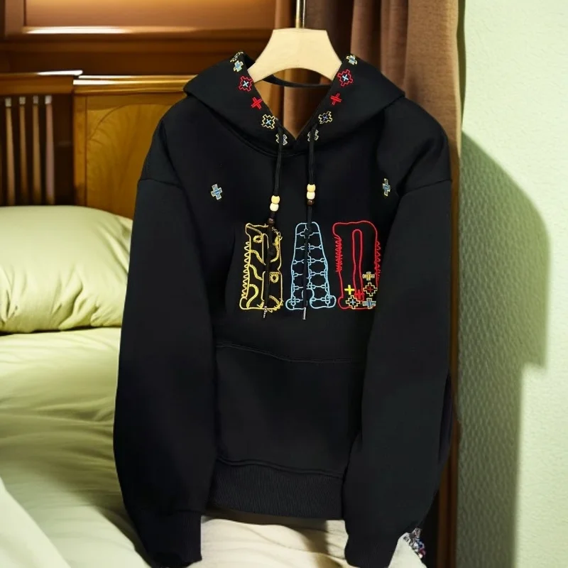 

Ladies Oversized Hoodie Sweatirt Embroidered Letters Fce Lined Thiened Retro American Sle Long Sve Top