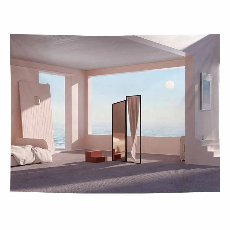 VIKAMA French Window Sea Sunset Tapestry, Minimal Sea Window Aesthetic Wall Hanging for Bedroom Living Room Dorm Decor