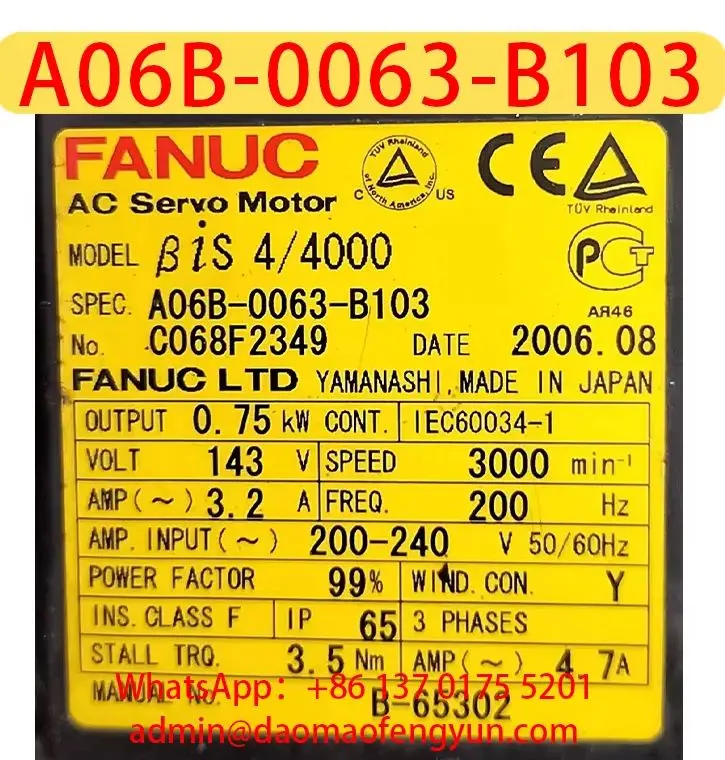 Original Genuine，A06B-0063-B103 Used Servo Motor，A06B 0063 B103，The shipment will be arranged after passing the test