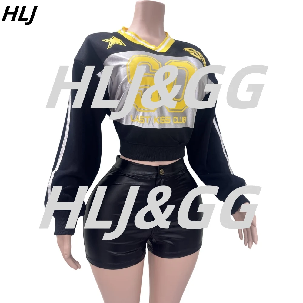 HLJ Fashion Streetwear Women Print V Neck Long Sleeve Pullover + Button High Waist Shorts Two Piece Sets Y2K Sporty 2pcs Outfits