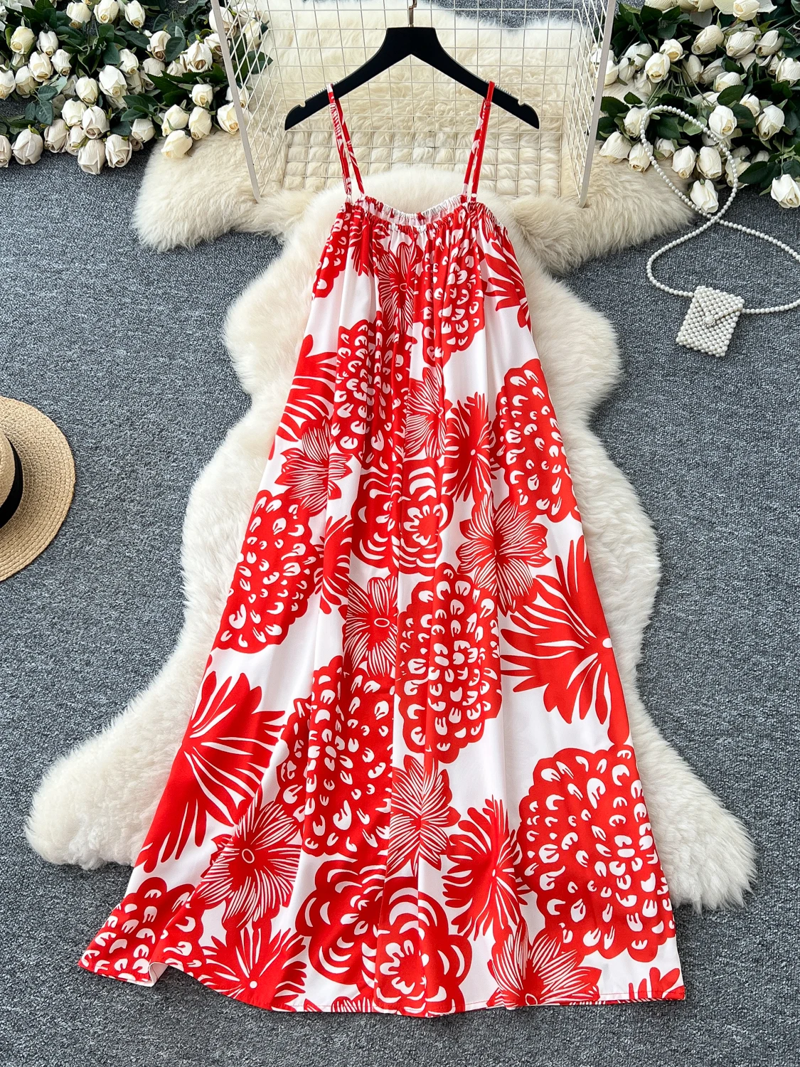 Jupe longue trapèze ample pour femmes, imprimé rétro, bretelles Dr, paresseux, taille haute, ort Sve, Version coréenne, Ci Commute, été