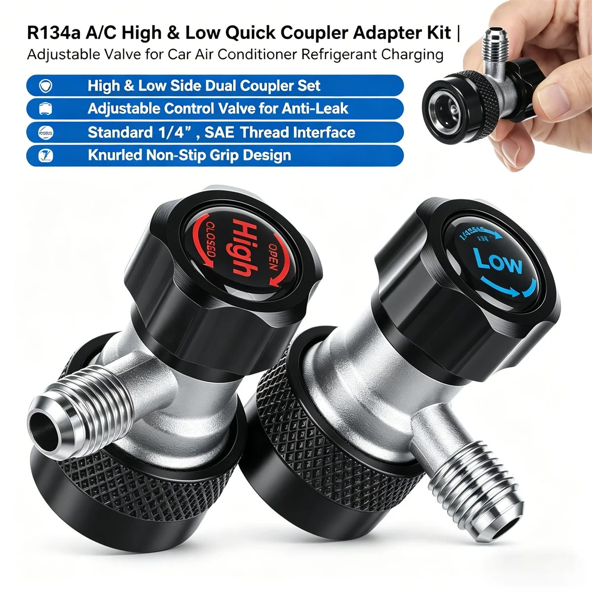 R134a Quick Coupler High Low Side A/C Adjustable Connector 1/4 Inch SAE Male Flare for Car Air Conditioning System Brass 2Pcs