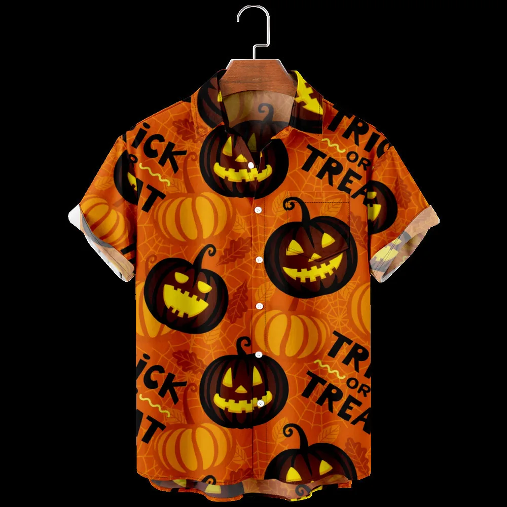 2023 Hawaiian Men\'s Shirt Halloween Ghosts Pumpkin 3D Printed Short Sleeve Casual Summer Luxury Loose Breathable Oversized Tops