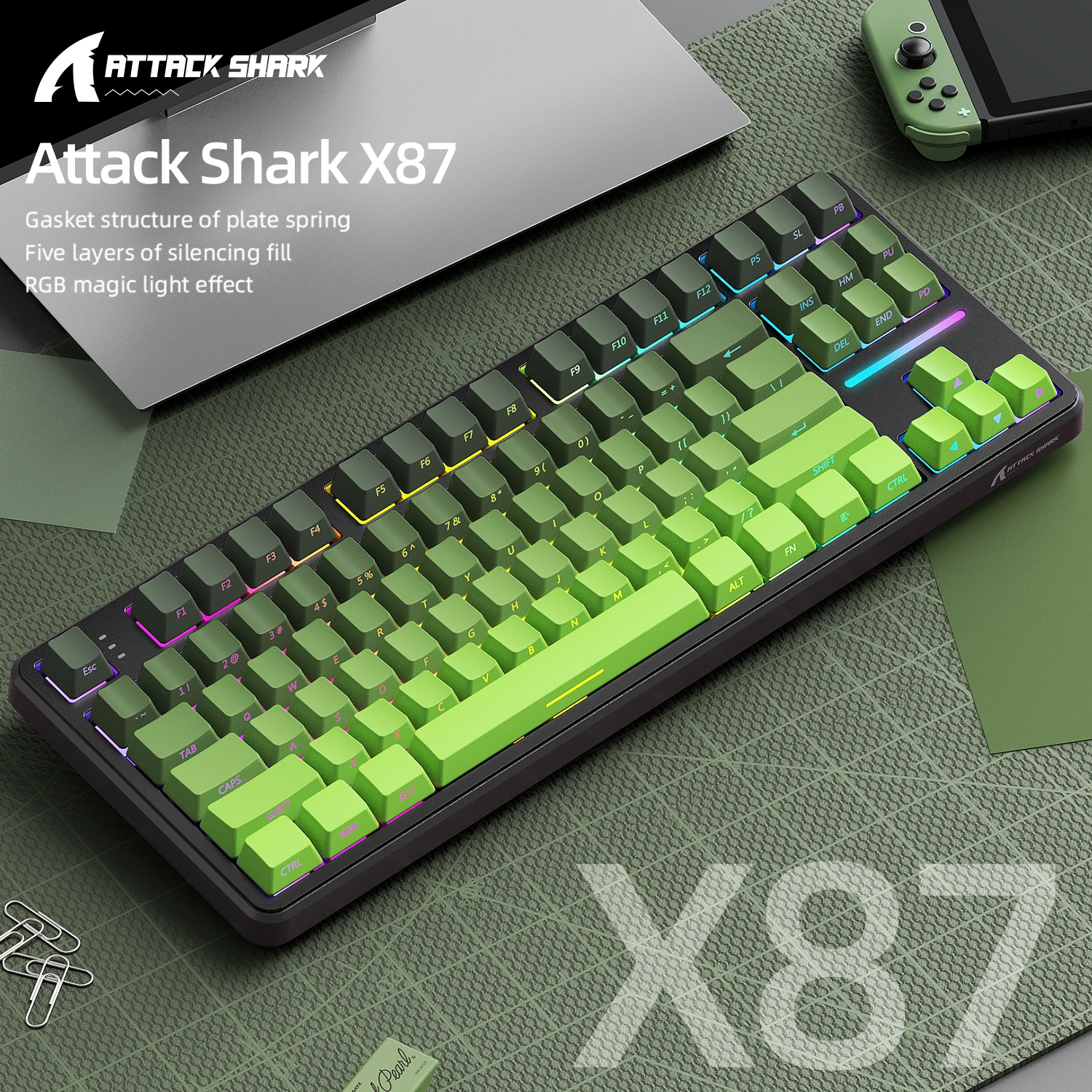 

Беспроводная механическая клавиатура Attack Shark X87 RGB, трехрежимная, качество звука HIFI, прокладная структура, настройка макро-драйвера