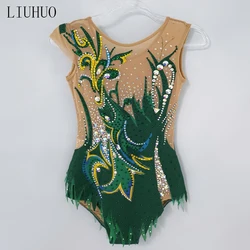 LIUHUO Beige-Emerald Gymnastics Leotard: Peacock Rhinestone, Fringe Hem, High-Elasticity BD634