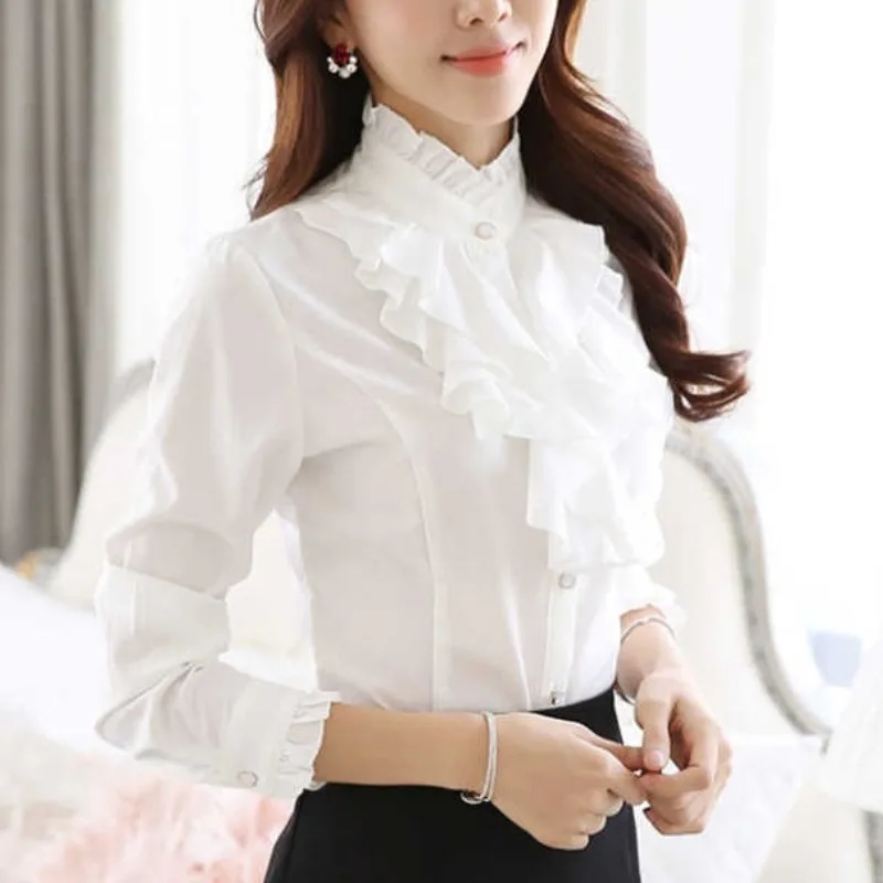 

Shirring Blouse Solid Color Commuter Long Sleeve Slim Shirt Autumn and Winter Women's Fashion Standing Collar Button Ruffles