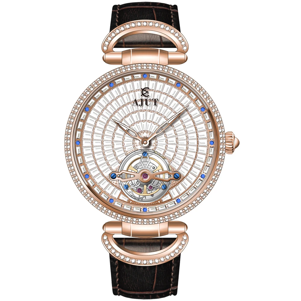 AJUT-relojes automáticos con movimiento Tourbillon para hombre, relojes mecánicos voladores de circonita completa de lujo para mujer, 0397