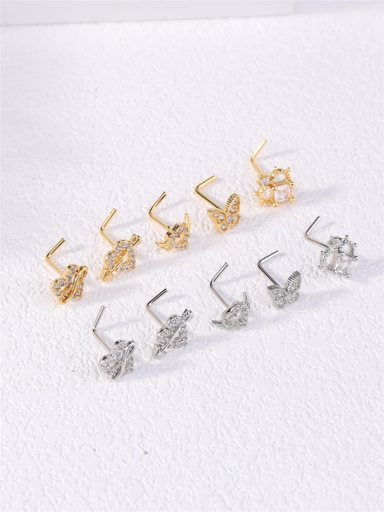 1Pcs/5Pcs L Shaped Nose Studs for Women Fashion Cute Nose Piercing Jewelry Clear Stone Heart Butterfly Y2K CZ 20G Nose Rings