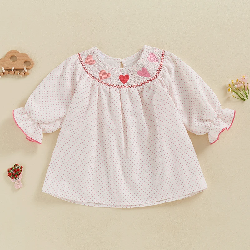 Toddler Girls Dress Heart Embroidered Dot Print Long Sleeve Casual Dress Fall Princess Valentine s Day Dress