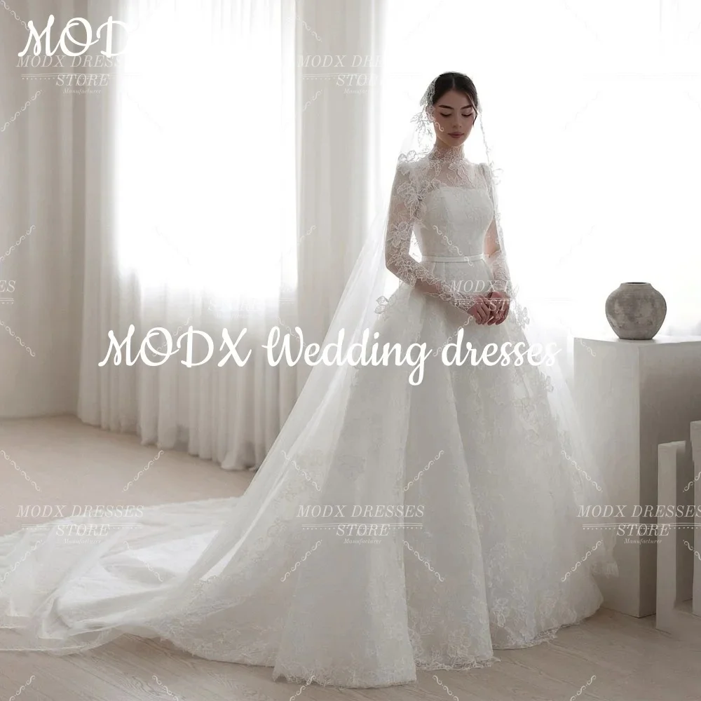MODX Exquisite Lace Embroideried Wedding Dress High Neck Bridal Gown for Photo shoots Vestidos Novias Boda Women Customized