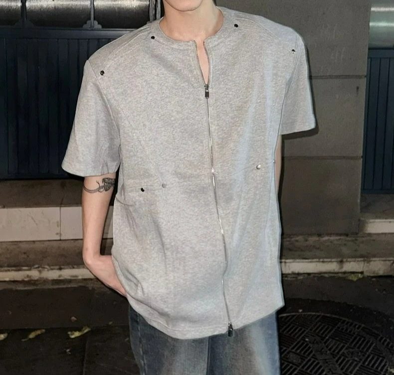 Summer High-end Zipper Design Shoulder Pads Short-sleeved Men's Loose and Versatile Casual T-shirt
