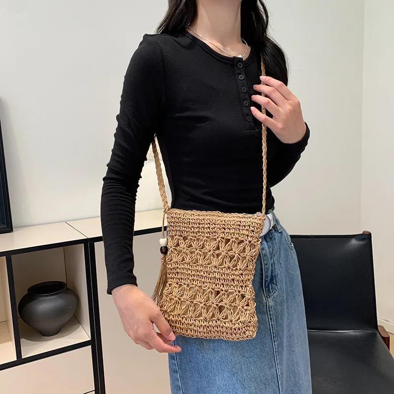 Tassel Western Style Hollow Tassel Straw Woven Personality Trendy Hand-Woven Large Capacity Beach Shoulder Messenger Bag Wom