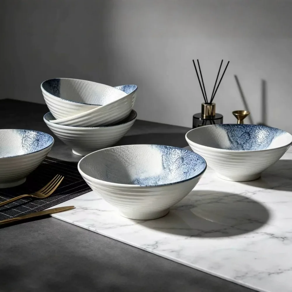 Household Multi-use Ceramic Hat Bowl 8 Inch Set of 2 Deep Thick Underglaze Glaze Microwave Safe For Noodle Soup