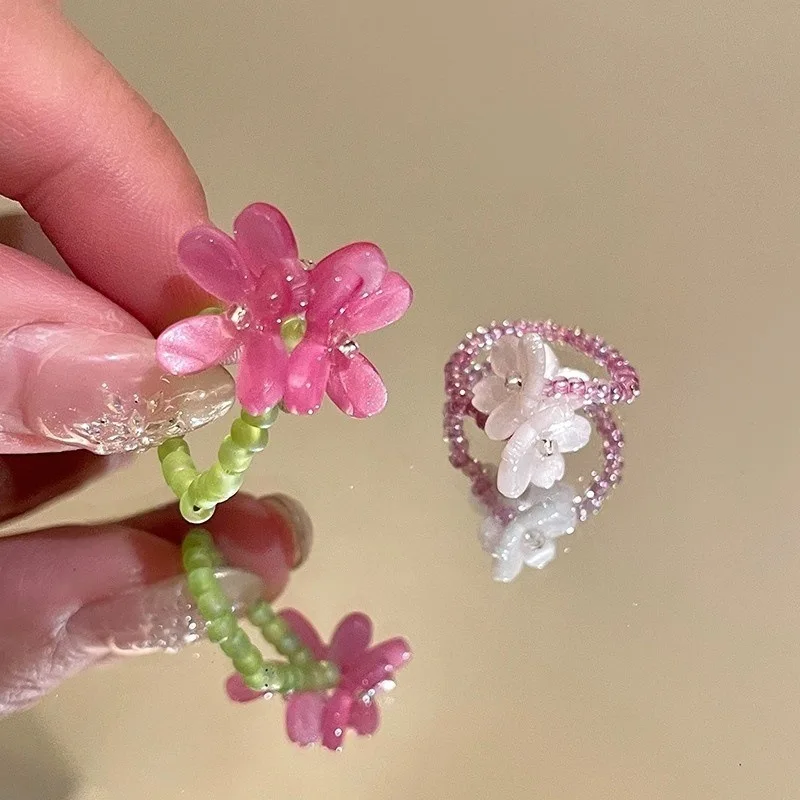 LATS New Cute Violet Flower Ring Spring Summer Elastic Beaded Rings for Women Friends Romantic Finger Jewelry Accessories Gift