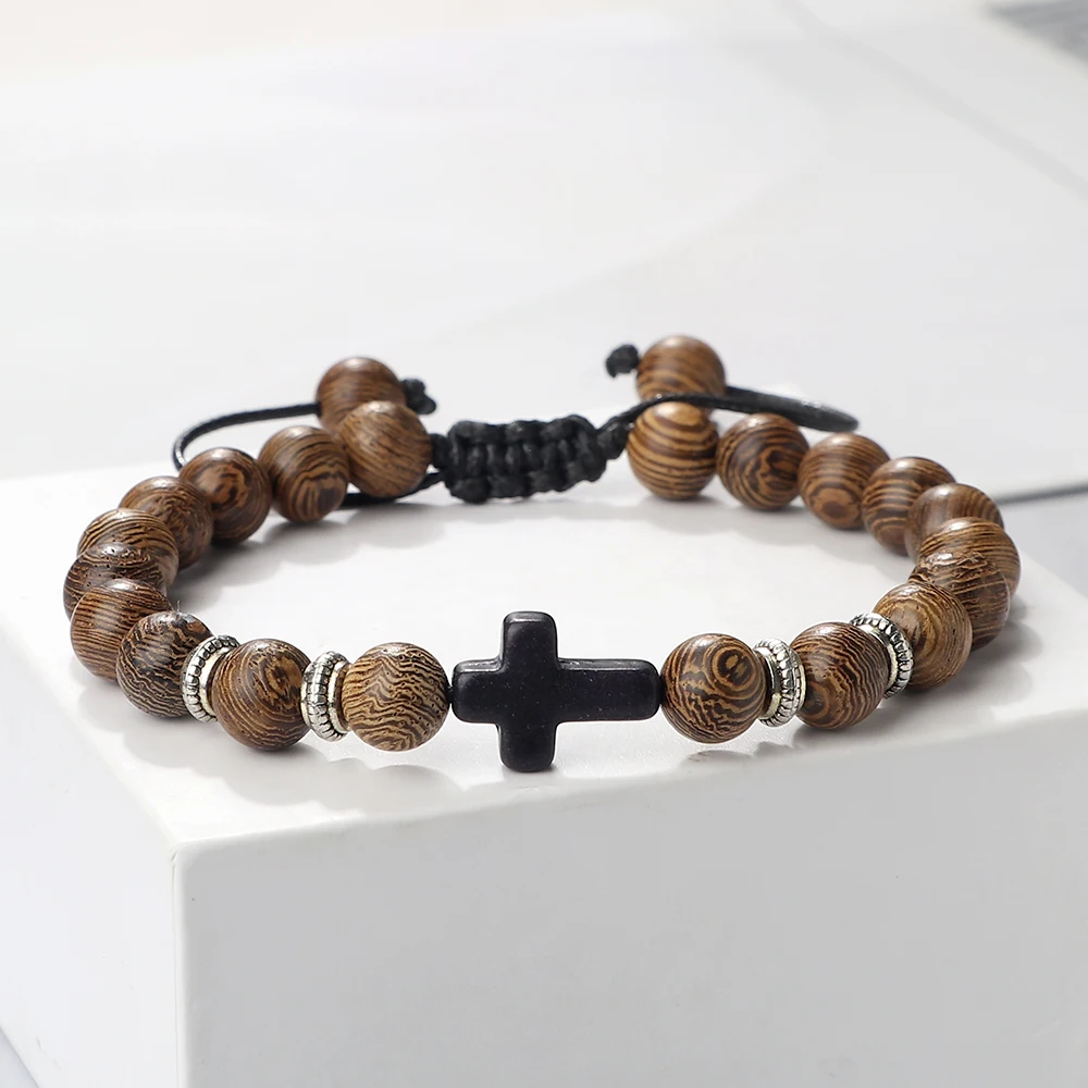 Vintage Cross Men Bracelets Bangles 8mm Natural Stone Black Lava Onyx Beads Meditation Bracelets Women Fashion Yoga Jewelry Gift