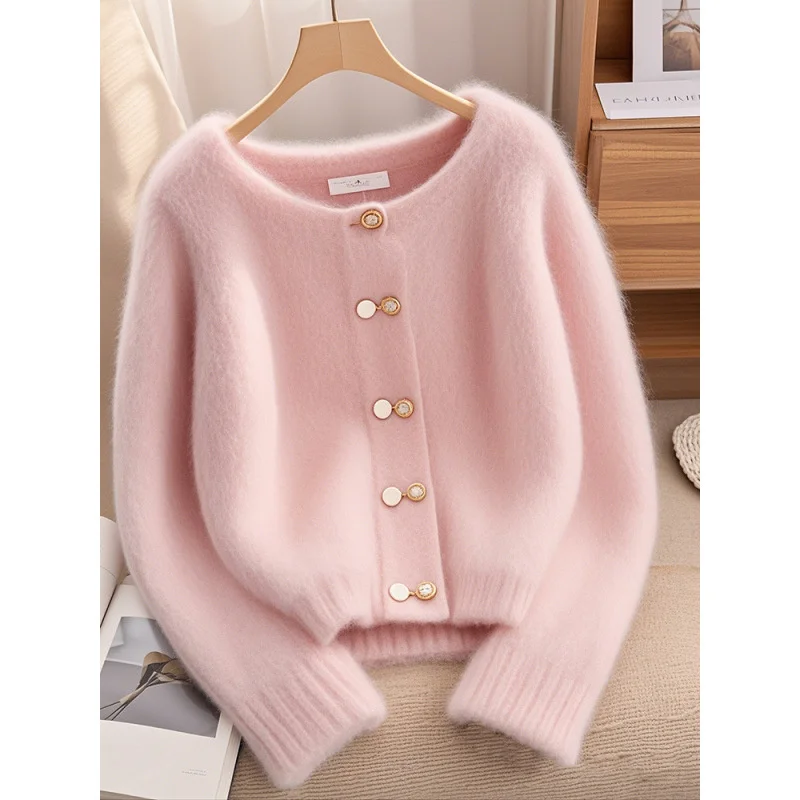 Nuevo 2025 suéter coreano Otoño Invierno cárdigan mujer moda Casual Rosa cuello redondo prendas de punto sueltas suéter de mujer Top femenino