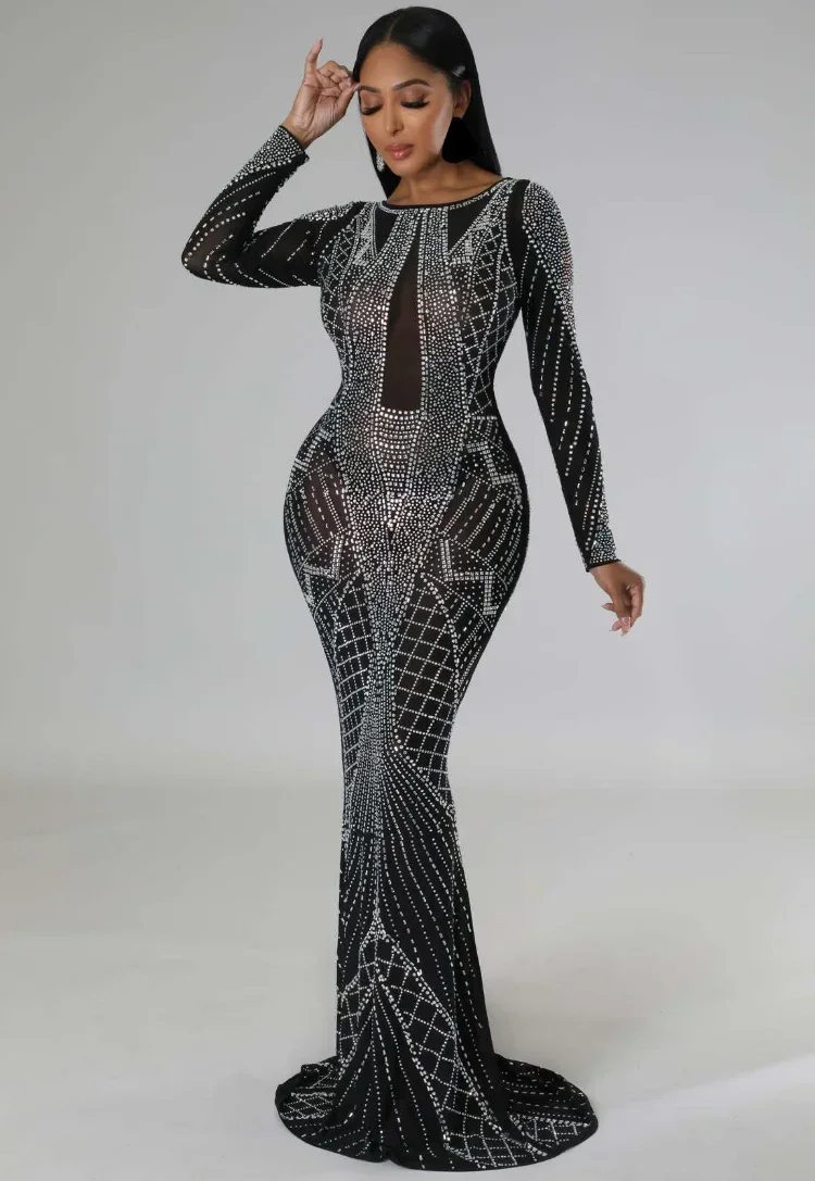 

GUWU Diamonds Women Long Sleeve V-back Midi Floor Length Maxi Long Dress Hot Drill Bodycon Sexy Party Evening Prom Dresses
