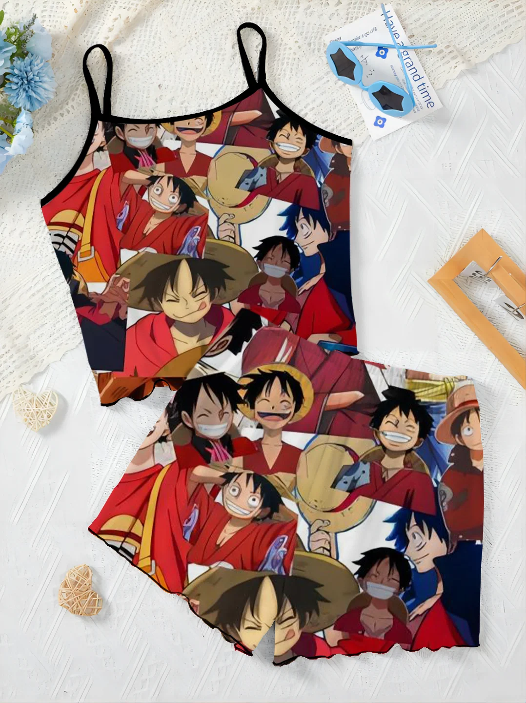 Vestido de pijama feminino saia, alface aparar conjuntos curtos, t-shirt, macaco D. Luffy elegante deslizamento vestido Top, One Piece Piece