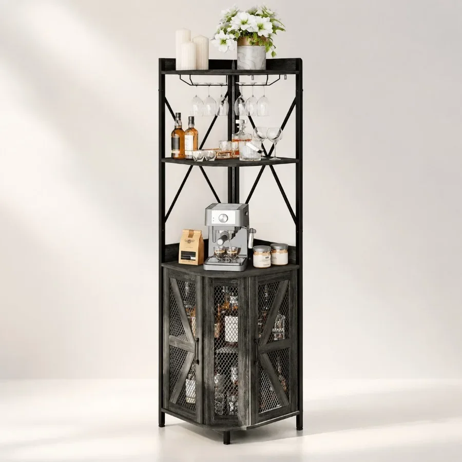 72in Corner Wine Cabinet for Home Bar Use, Industrial Metal and Wood, 12 Colors Available, LED Strip Tempered Glass, 5-Tier Fre