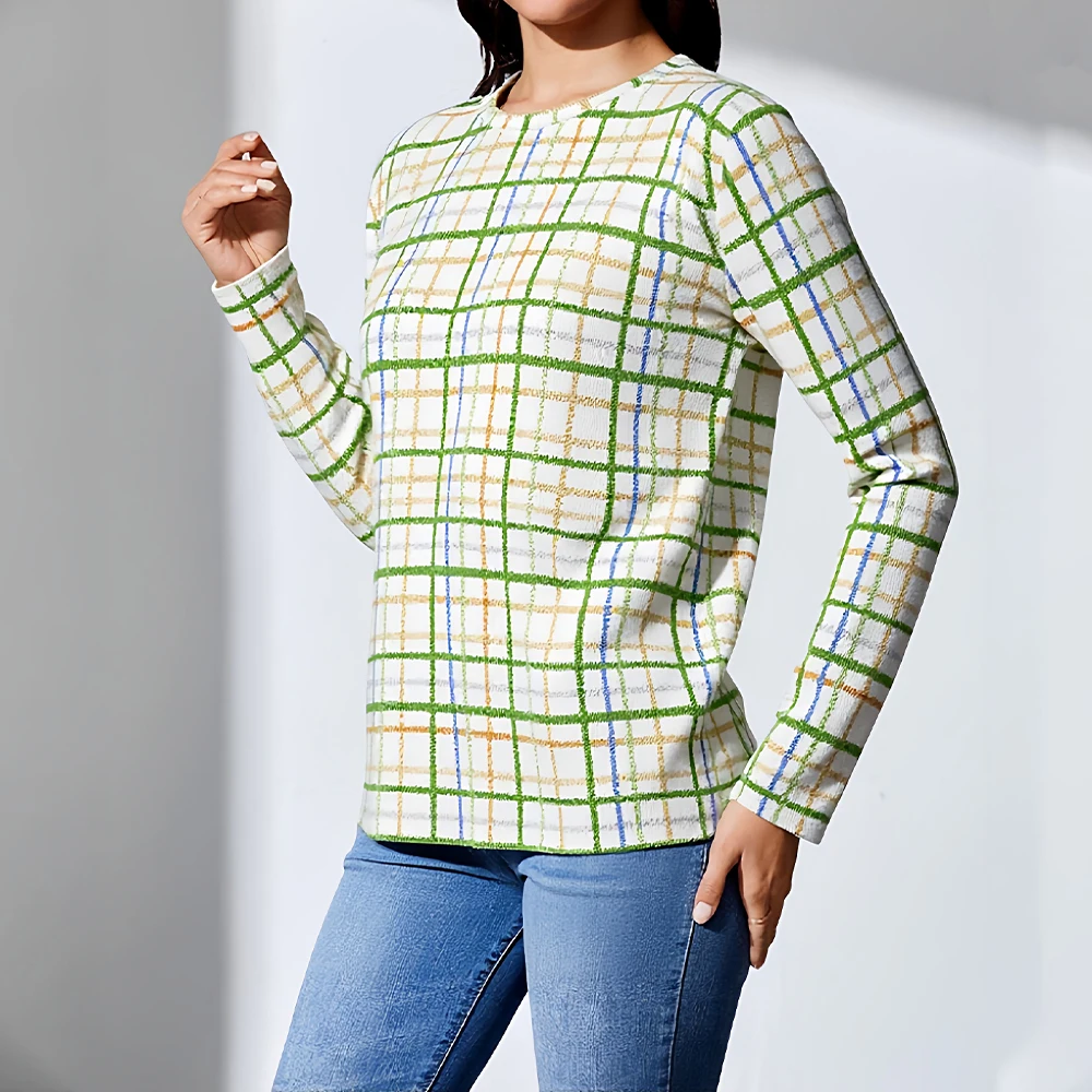 

Mia Muse Women's T-Shirt Autumn 2025 Korean Style Plaid Crew Neck Long Sleeve Loose Fit Regular Length Daily T-Shirt