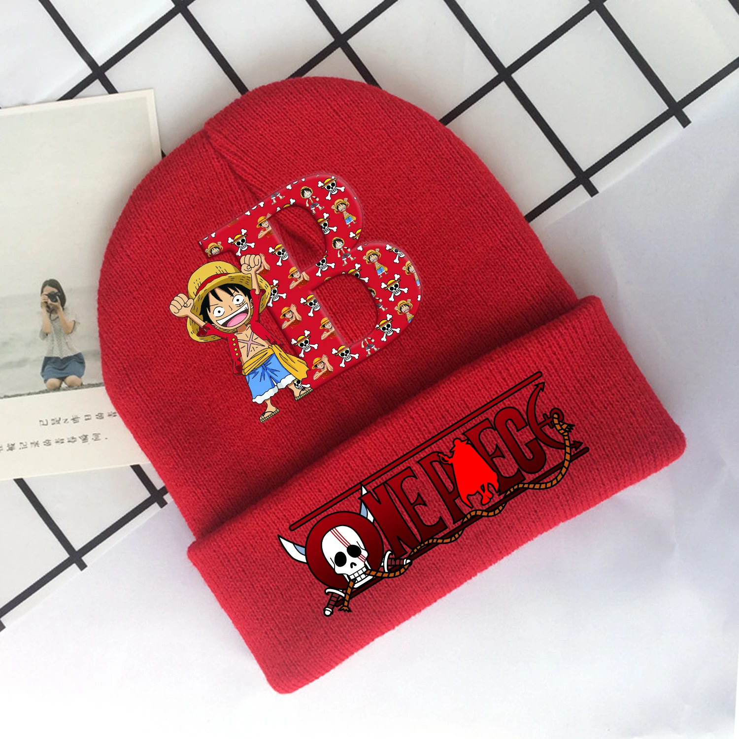 One Piece Luffy Knitted Hat for Children Anime Letter A-Z Knitted Cap New Cartoon Red Caps Decoration Skullies Beanies Kids Gift